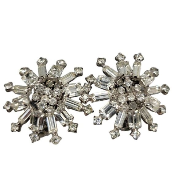 Kramer Clip On Earrings Early 1940s Sparkling Star Crystal Signed Kramer Vtg - Picture 4 of 16